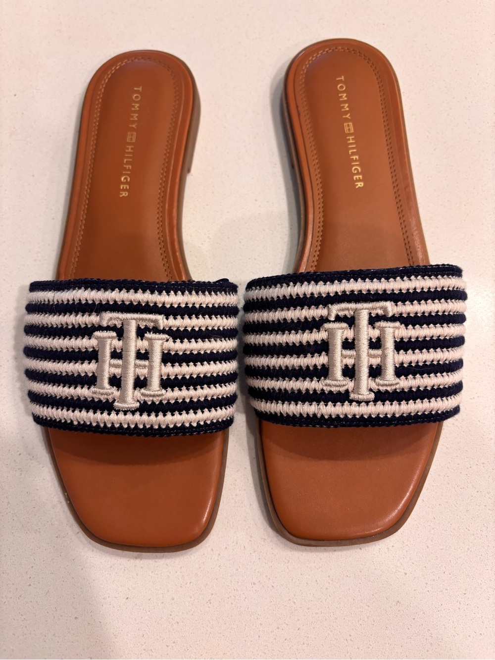 Tommy Hilfiger Navy & White Striped Knit Slide with Tan Footbed